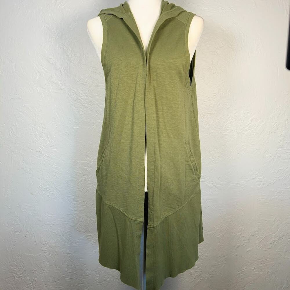 Lilla P Hooded Draped Sleeveless Cardigan Vest Olive Green S Cotton Blend Peru
